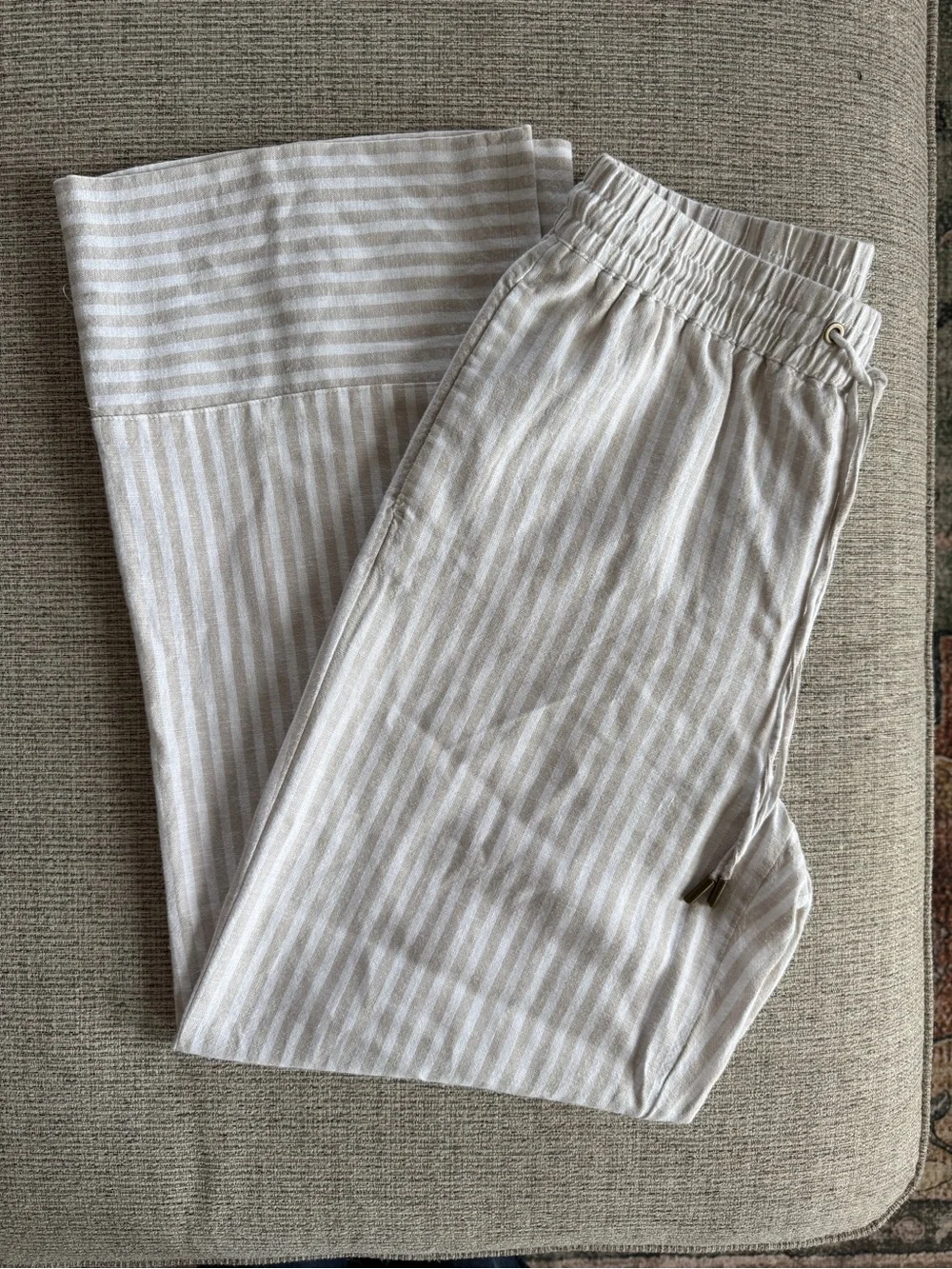 Beige Stripe Linen Blend Drawstring Lounge Pants Size M